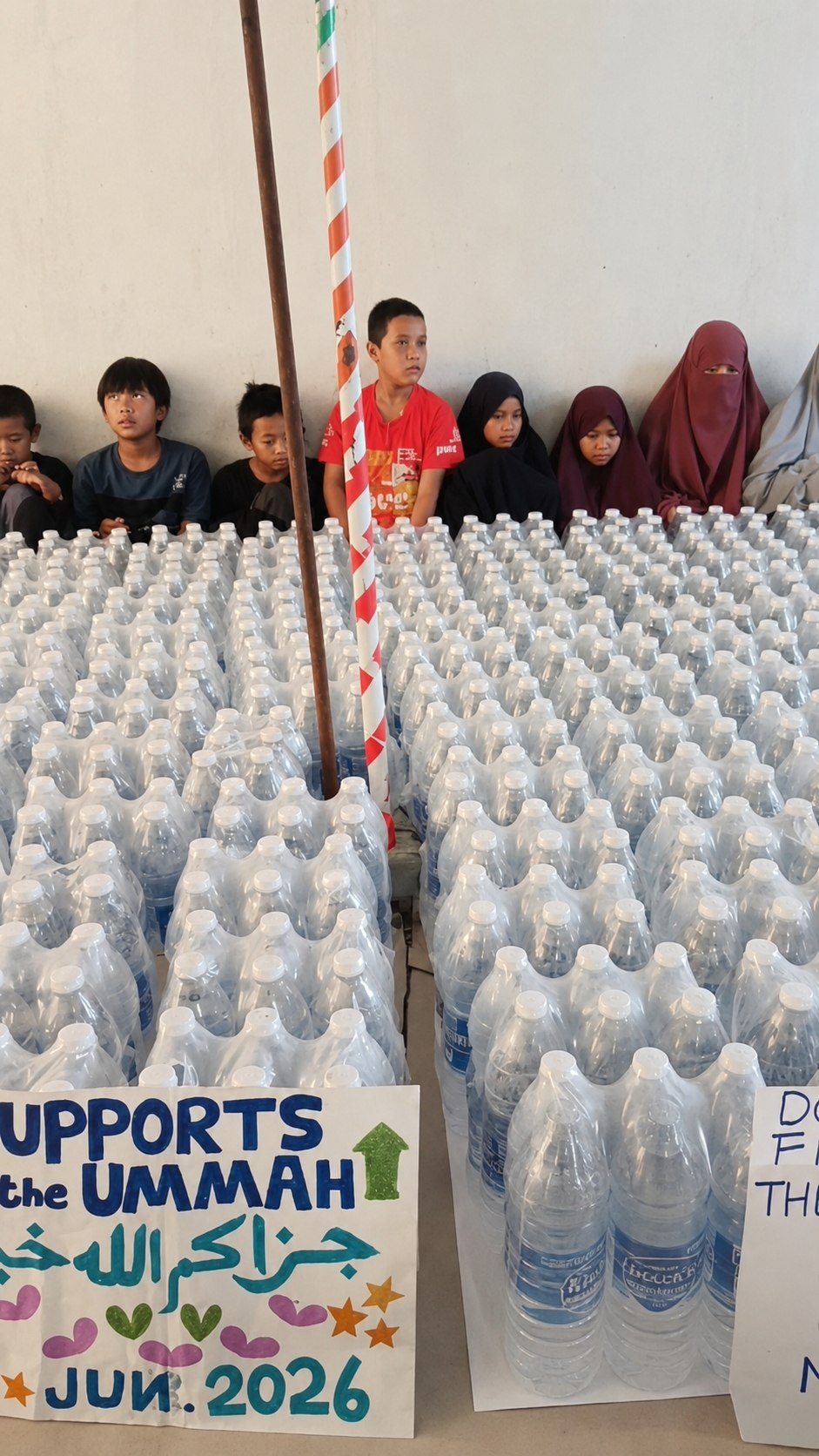 Bottled water prepared for families during a Firdaws Project delivery